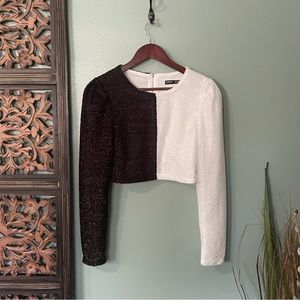 SHEIN Women’s Crop Puff Sleeve Crinkle Party Top B&W Sz M